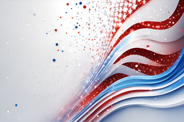 Blue, red and white particle waves and light abstract background with shiny star dots, white background