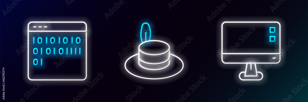 Poster set line computer monitor screen, binary code and man hat icon. glowing neon. vector