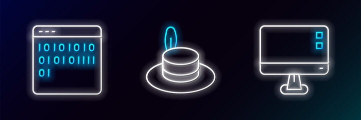 Set line Computer monitor screen, Binary code and Man hat icon. Glowing neon. Vector