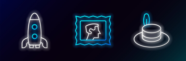 Set line Man hat, Rocket ship and Postal stamp icon. Glowing neon. Vector