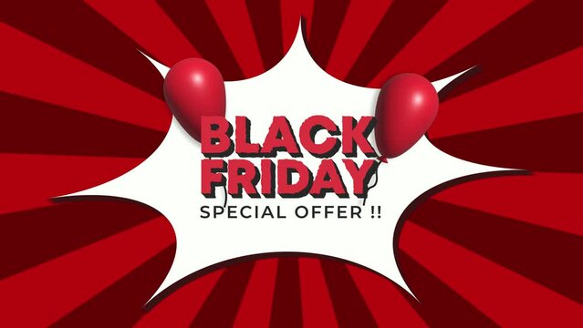 Black Friday sale sign with red ballons animation, suitable for promotion, marketing, sales, etc. 4K animation
