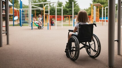 a young girl in a wheelchair at a playground