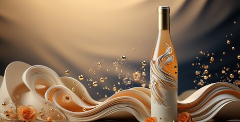 New Year's celebration with champagne. bottle covered with silk. warm colors. copy space. horizontal. generated with ia - obrazy, fototapety, plakaty