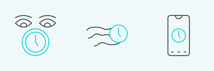 Set line Alarm clock app mobile, Clock and Time flies on the icon. Vector