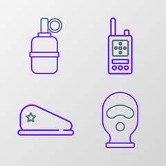 Set line Balaclava, Military beret, Walkie talkie and Hand grenade icon. Vector
