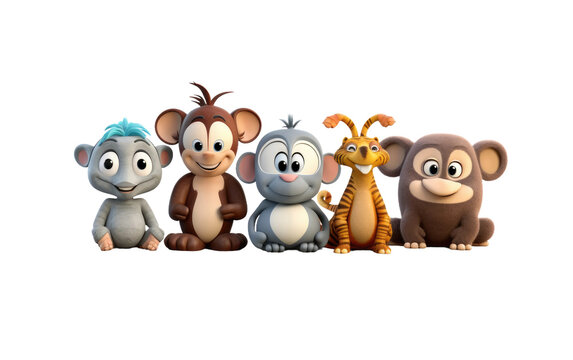 Smiling Different Beautiful Fox Chimpanzee Elephant Owl Dragon 3D Cartoon Animals Isolated on Transparent Background PNG.