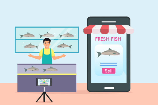 Man selling online fish on mobile phone apps marketplace 