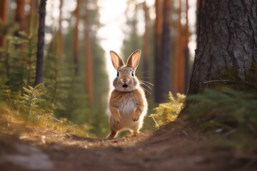 Naklejka na ściany i meble Rabbit runs along a path in the forest. Cute little rabbit in the forest. Easter bunny in the forest. Rabbit walk along a path in the forest.