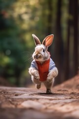 Rabbit runs along a path in the forest. Cute little rabbit in the forest. Easter bunny in the forest. Rabbit walk along a path in the forest.