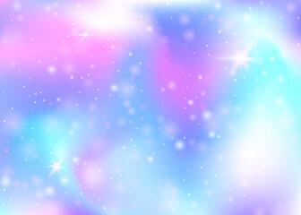 Hologram background with rainbow mesh. Mystical universe banner in princess colors. Fantasy gradient backdrop. Hologram magic background with fairy sparkles, stars and blurs.