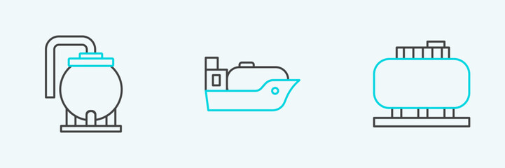 Set line Oil tank storage, and tanker ship icon. Vector