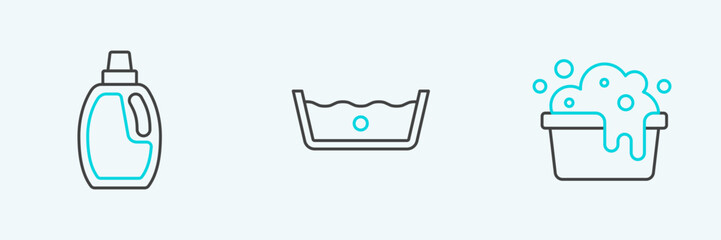 Set line Basin with soap suds, Bottle for cleaning agent and Temperature wash icon. Vector