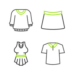 Set line Shirt, Undershirt, Skirt and Sweater icon. Vector