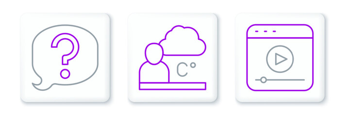 Set line Live stream, Speech bubble chat and Weather forecast icon. Vector