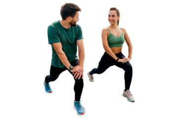 A woman and a man are friends running together. Sports people train together. A young couple of two people leads an active lifestyle in sportswear. Transparent background.