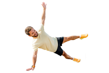 Plank exercise a young man training alone in sportswear. Fitness training is a hobby and lifestyle for activities and health. Transparent background.