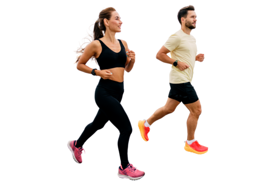 People are healthy, a woman and a man are friends running together. Sports people train together. A young couple of two people leads a healthy lifestyle in sportswear. Transparent background. - Powered by Adobe