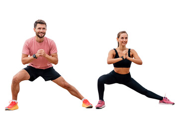 Warm-up people train a male instructor and a female client. Active exercises squats in fitness clothes. Sports friends have an intense time for sports. Transparent background. - obrazy, fototapety, plakaty