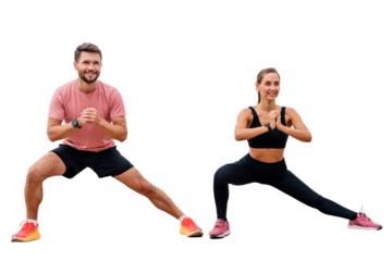 Warm-up people train a male instructor and a female client. Active exercises squats in fitness clothes. Sports friends have an intense time for sports. Transparent background.
