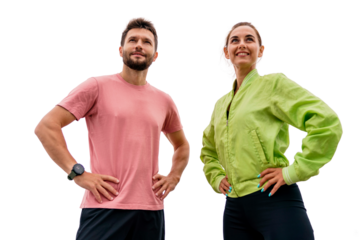 A man and a woman are smiling at a couple of people, two coaches in sportswear. Portrait of friends instructors confident in their abilities. Transparent background.
