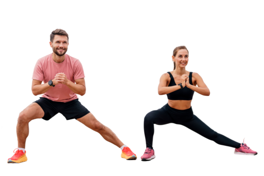Warm-up people train a male instructor and a female client. Active exercises squats in fitness clothes. Sports friends have an intense time for sports. Transparent background.