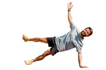 Exercises plank workout fitness man one. Warm-up yoga pose asana, happy man athletic slim body. Mental and psychological health. Transparent background.