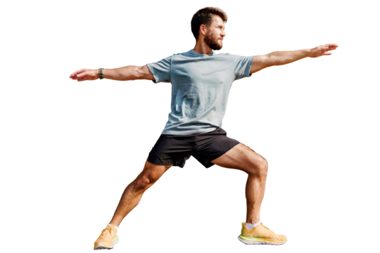 Warm-up yoga pose asana, a man sports a slim body. Exercises training fitness man alone. Mental and psychological health. Transparent background.