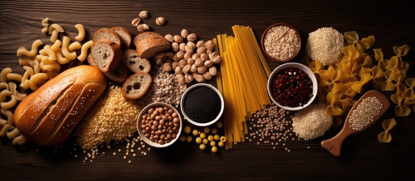 Nutritious pasta cereals and bread with fiber minerals vitamins smart carbs low GI Controls blood pressure cholesterol diabetes With copyspace for text