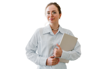 Office employee business woman with glasses financier. A student in a shirt is holding a laptop. Looks into the camera with glasses portrait of a smart person. Transparent background.