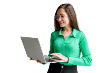 The designer in glasses is a female student using a laptop computer working online. A copywriter in a jacket writes a letter to a client, an office employee. Transparent background.