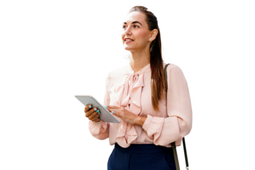 Uses a tablet to surf the Internet, an office employee is a business woman with glasses, a financier. A student in a shirt is holding a laptop. Portrait of a smart character. Transparent background.