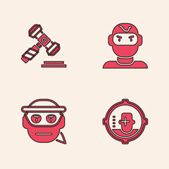 Set Headshot, Judge gavel, Thief mask and Bandit icon. Vector