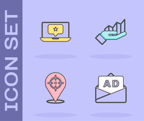 Set Advertising, Laptop with star, Target and Pie chart infographic icon. Vector