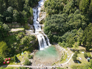 Drone view at the waterfall of Piumogna near Faido on Switzerland