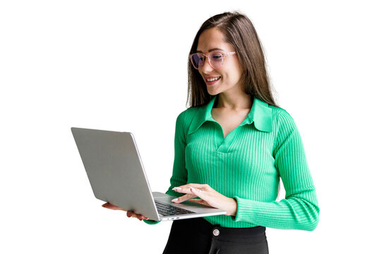 The designer in glasses is a female student using a laptop computer working online. A copywriter in a jacket writes a letter to a client, an office employee. Transparent background.