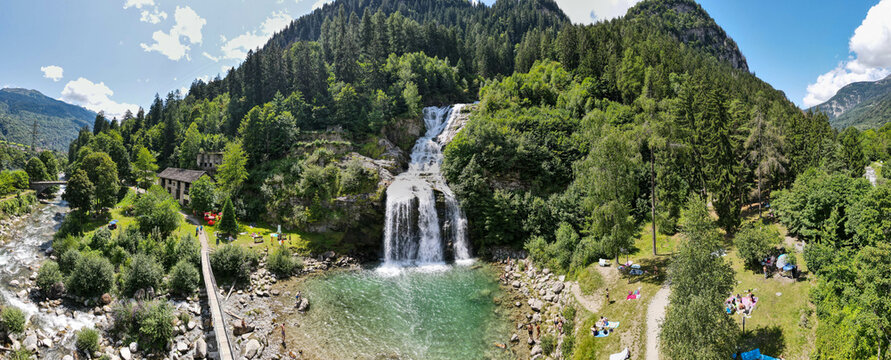 Drone view at the waterfall of Piumogna near Faido on Switzerland