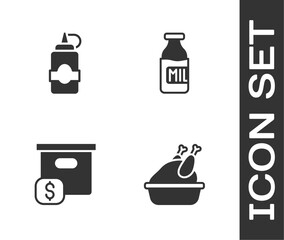 Set Roasted turkey or chicken, Sauce bottle, Carton cardboard box with price and Bottle milk icon. Vector