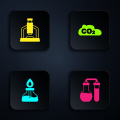 Set Test tube, Microscope, Alcohol or spirit burner and CO2 emissions in cloud. Black square button. Vector