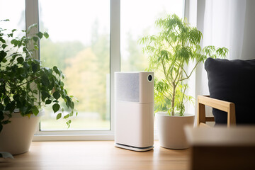 Air purifier technology enhancing indoor air quality in living room. Healthy living. Modern air purifier device in living space. Technology for healthier living environment. Clean air. - obrazy, fototapety, plakaty