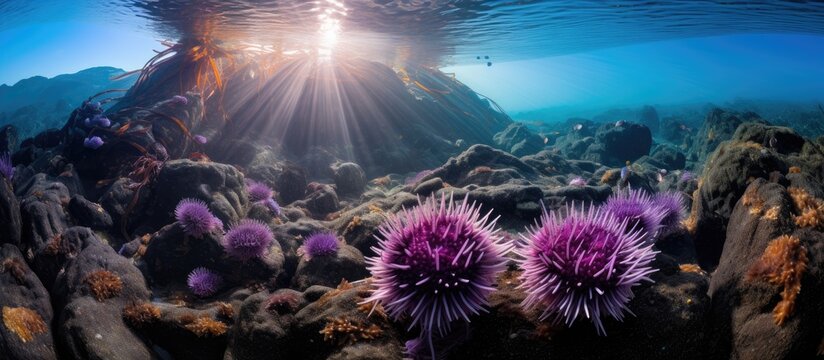 Purple sea urchins stay on rocks in kelp forests near Channel Islands in California which is vital for fish and invertebrates With copyspace for text