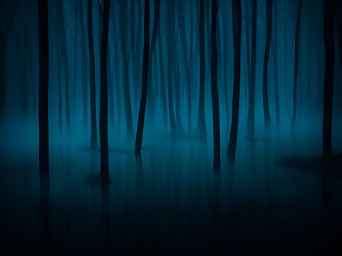 Dark mysterious pond in forest for scary background. Generative ai