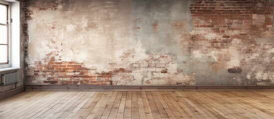 Renovation needed for old house with wooden floors and brick walls empty room With copyspace for text - obrazy, fototapety, plakaty