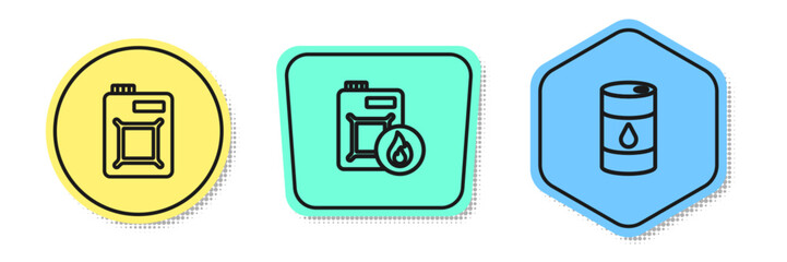 Set line Canister for motor oil, and Barrel. Colored shapes. Vector