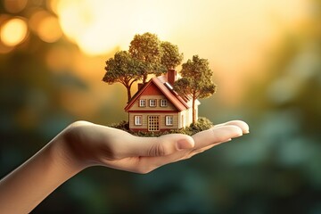 Homeownership concept. Hand holding house model. Real estate investment. Hands with home. Insurance and protection. Green concept