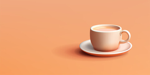 3d illustration of coffee or tea cup with saucer, pastel orange colors, realistic cartoon style