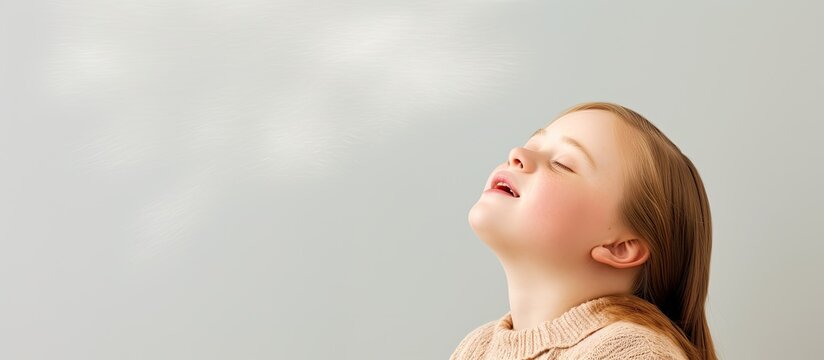 Girl with Down syndrome practices breathing exercises in speech therapy With copyspace for text
