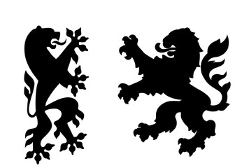 Wild beast lions fight battle vector silhouette illustration isolated on background. Heraldic lion. Animal symbol coat of arms. Seal of city in Europe. Shield Dresden VS Hessen Hesse. Germany towns. - obrazy, fototapety, plakaty