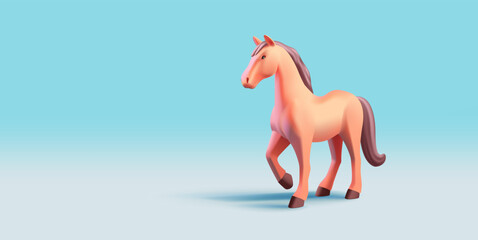 3d render illustration of horse, plastic realistic icon, horse making step, brown tail and mane, beige body, isolated
