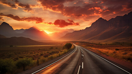 Highway Horizon: A long-haul trucker on a desert highway, with the endless road stretching to the horizon under a vibrant sunset.