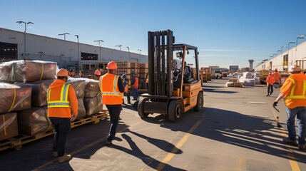 Freight Dock Activity: A chaotic but organized scene at a busy freight dock, featuring forklifts, workers, and trucks loading and unloading cargo.